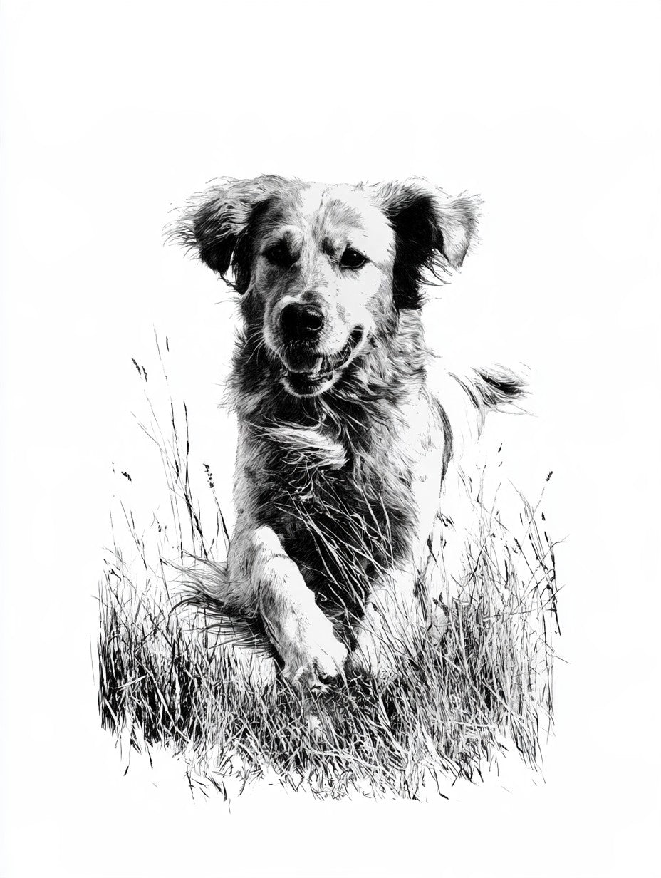Œuvre du poster golden dans les herbes noir et blanc, vue complète et fidèle du visuel