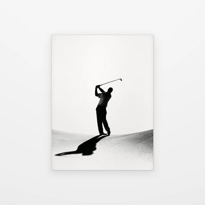 Visuel du poster golfeur en fin de swing noir et blanc présenté seul sur fond blanc, aperçu de l’œuvre imprimée