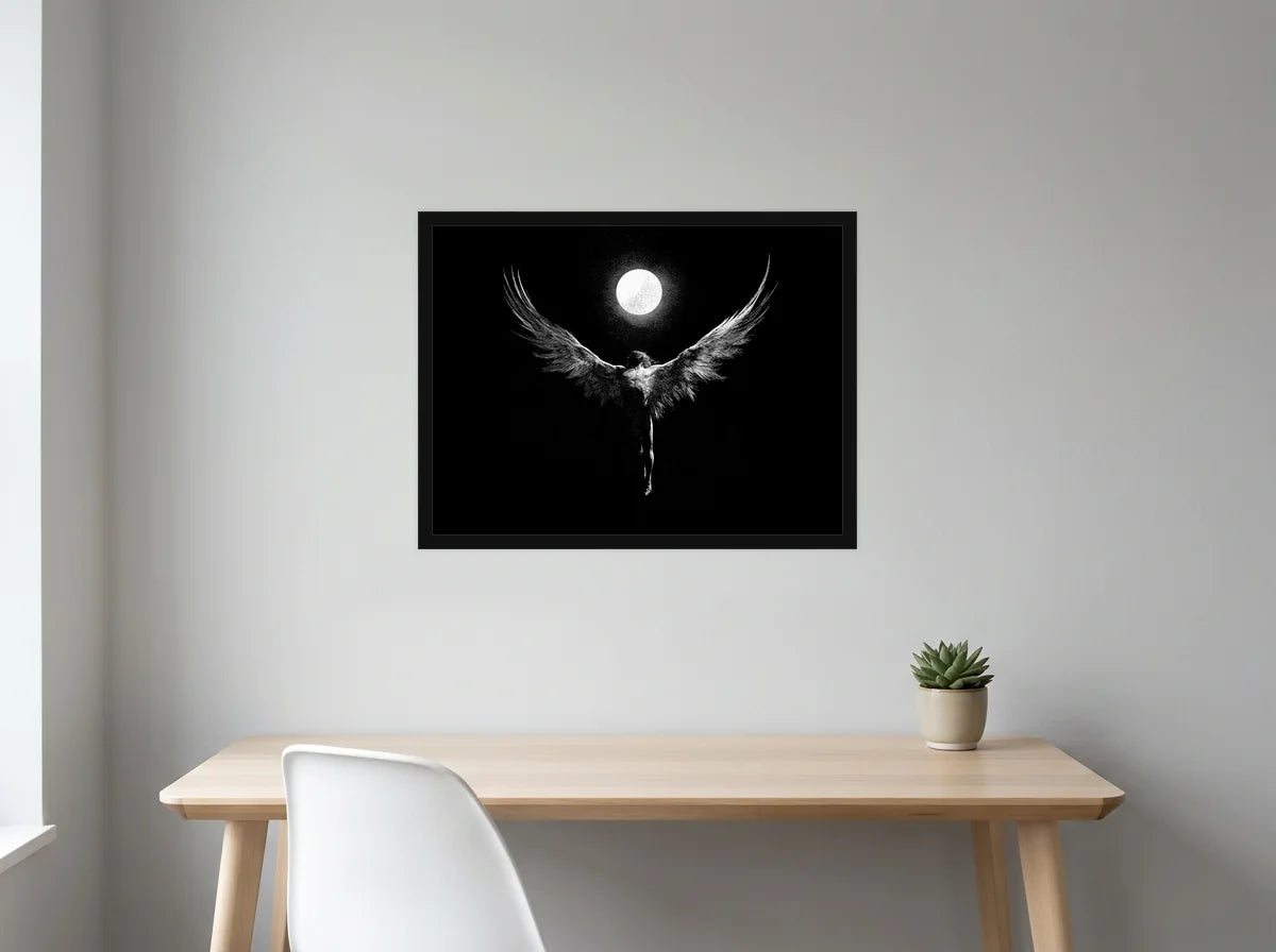 Poster icare aux ailes déployées noir et blanc encadré noir, mis en scène dans : bureau gris clair lumineux