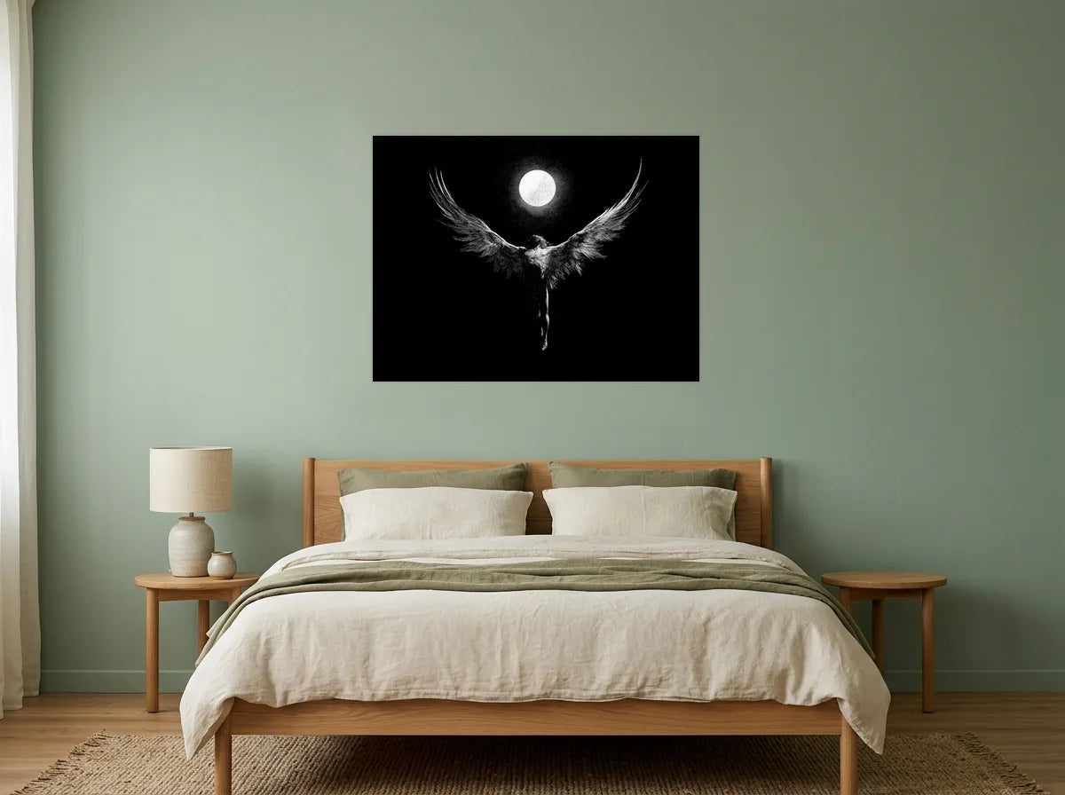 Poster icare aux ailes déployées noir et blanc sans cadre, mis en scène dans : chambre aux murs vert sauge