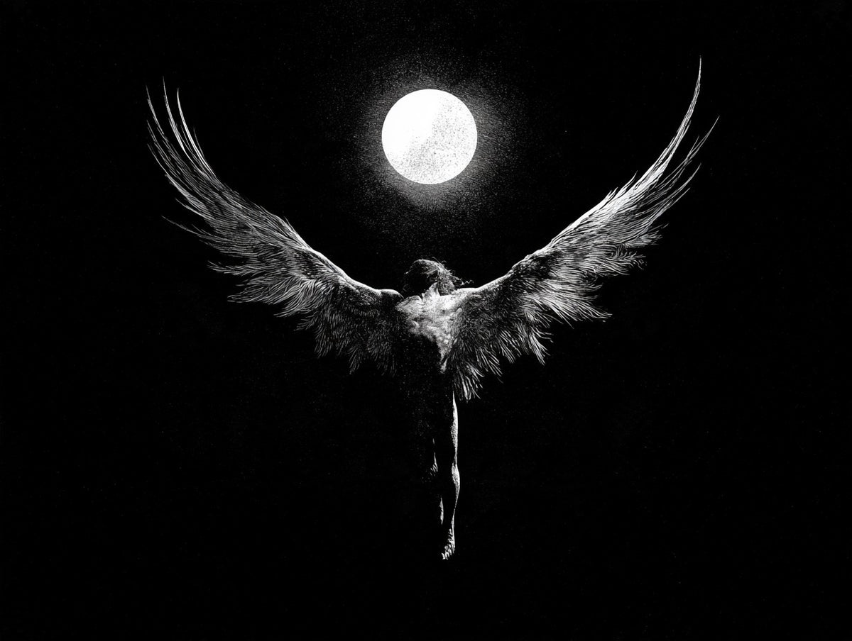 Œuvre du poster icare aux ailes déployées noir et blanc, vue complète et fidèle du visuel