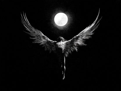 Œuvre du poster icare aux ailes déployées noir et blanc, vue complète et fidèle du visuel