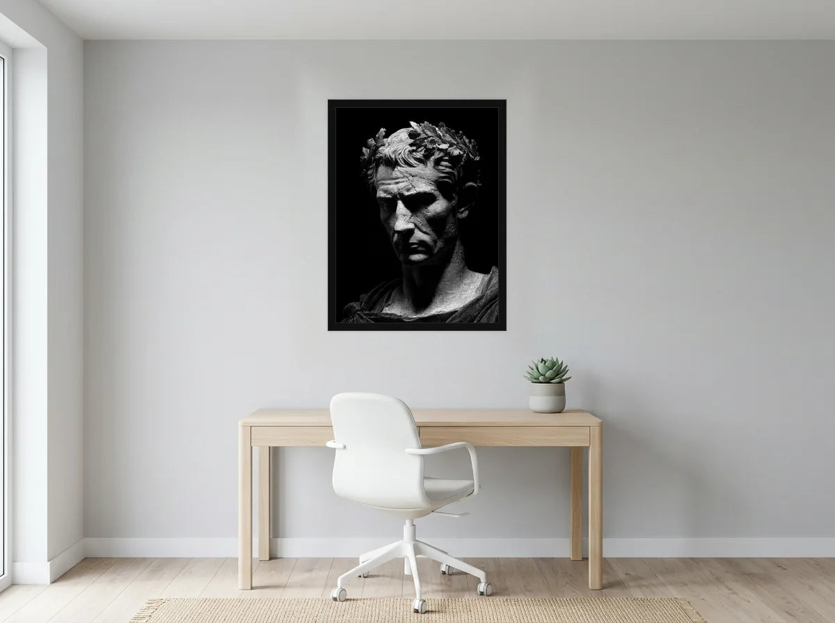 Poster jules césar aux lauriers noir et blanc encadré noir, présenté dans : bureau gris clair lumineux