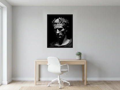 Poster jules césar aux lauriers noir et blanc encadré noir, présenté dans : bureau gris clair lumineux