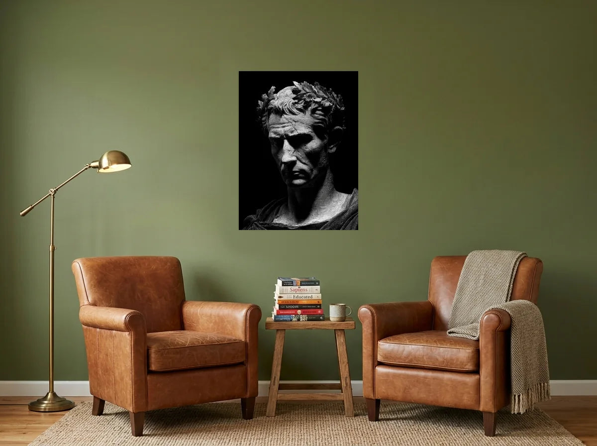 Poster jules césar aux lauriers noir et blanc sans cadre, présenté dans : coin lecture aux murs vert olive