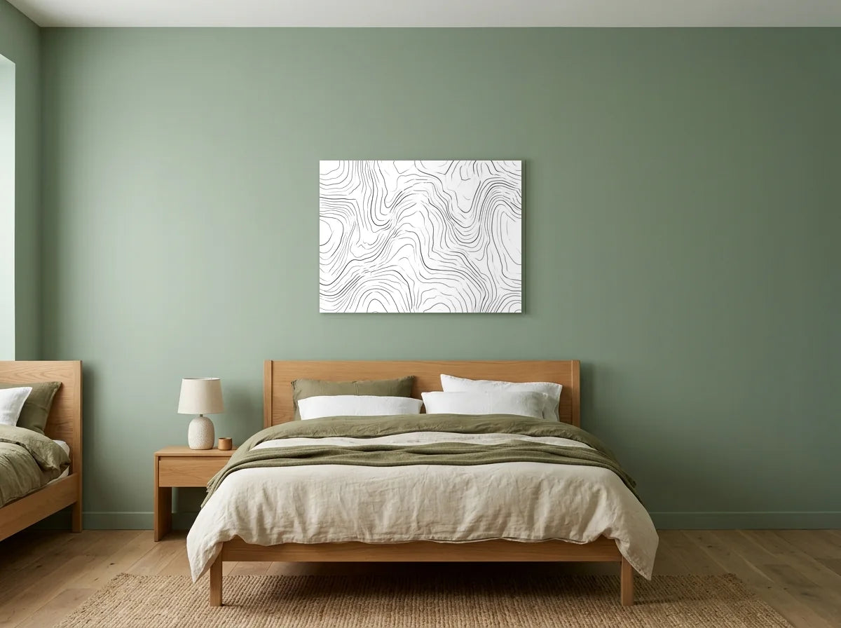 Poster lignes topographiques abstraites noir et blanc sans cadre, présenté dans un intérieur coloré