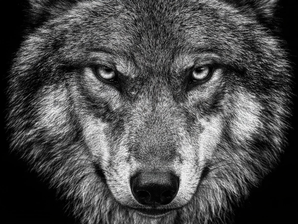 Œuvre du poster loup au regard perçant noir et blanc, vue complète et fidèle du visuel