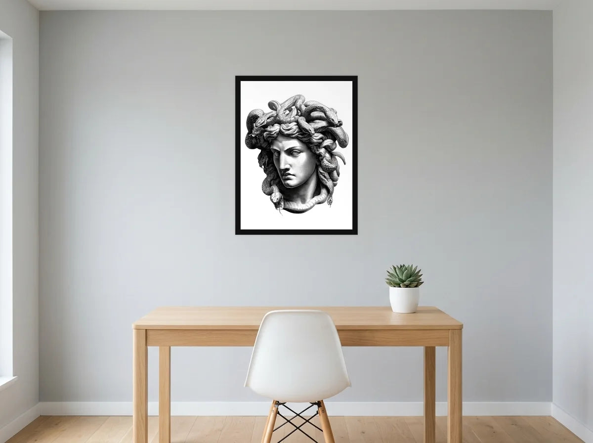 Poster méduse aux serpents noir et blanc encadré noir, présenté dans : bureau gris clair lumineux