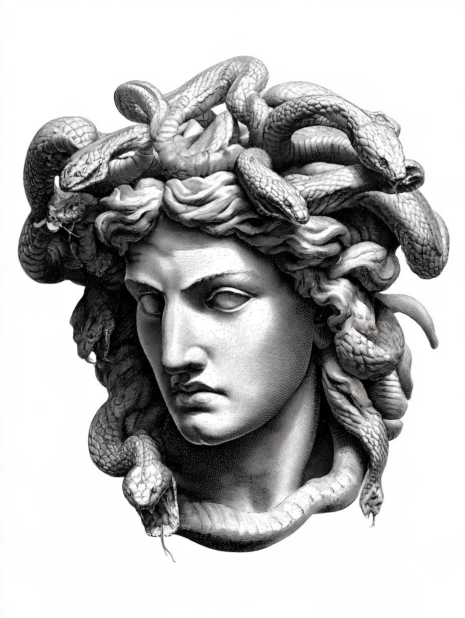 Illustration du poster méduse aux serpents noir et blanc, vue complète et fidèle de l’œuvre
