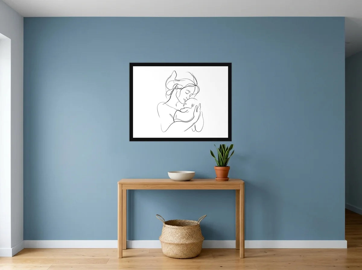 Poster Affiche Mère et Nouveau-né noir et blanc encadré noir, présenté dans : entrée aux murs bleu poudré