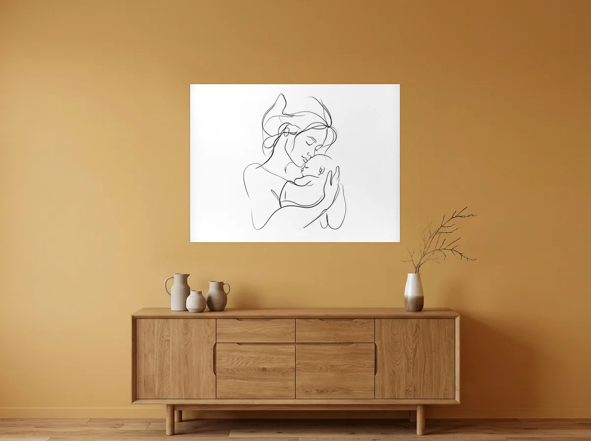 Poster Affiche Mère et Nouveau-né noir et blanc sans cadre, présenté dans : salle à manger aux murs ocre