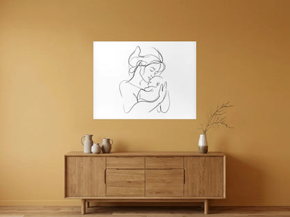 Poster Affiche Mère et Nouveau-né noir et blanc sans cadre, présenté dans : salle à manger aux murs ocre