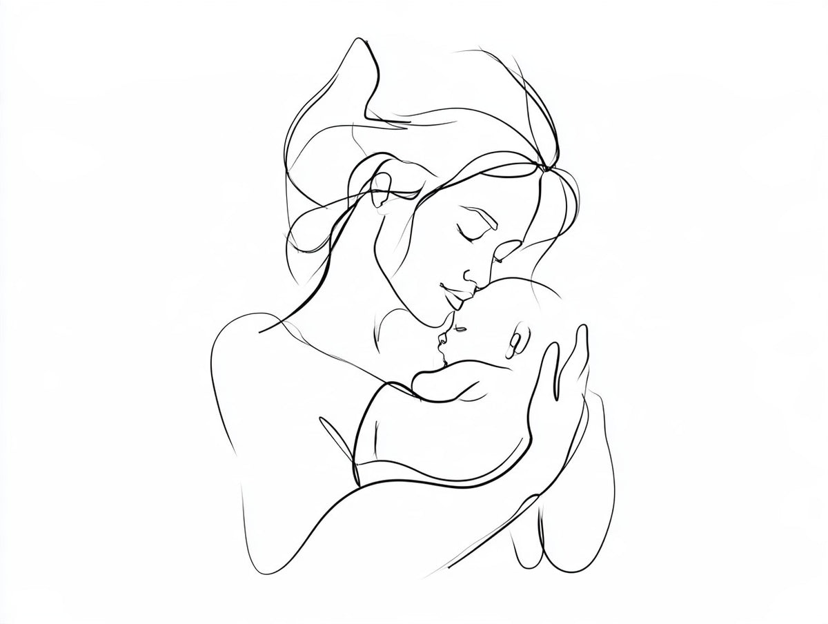 Œuvre du poster Mère et Nouveau-né noir et blanc, vue complète et fidèle du dessin imprimé