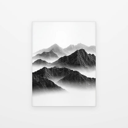 Poster Montagnes en Courbes noir et blanc présenté seul sur fond blanc, vue intégrale du paysage