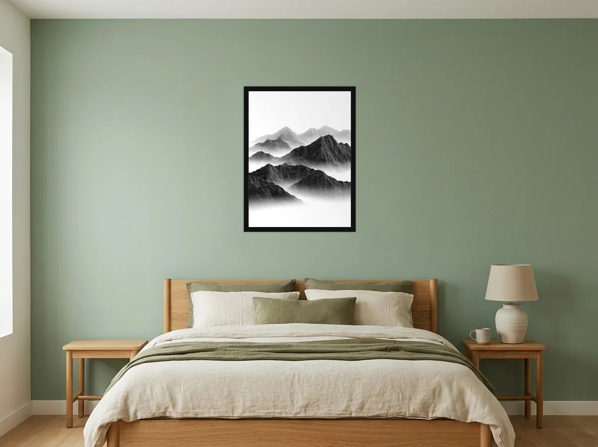 Poster Montagnes en Courbes noir et blanc encadré noir, dans une chambre aux murs vert sauge