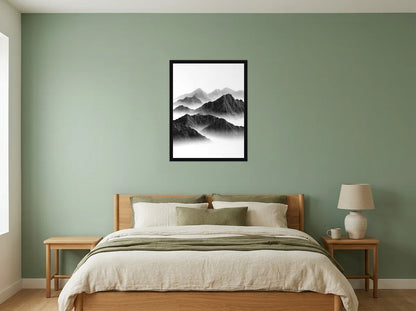 Poster Montagnes en Courbes noir et blanc encadré noir, dans une chambre aux murs vert sauge