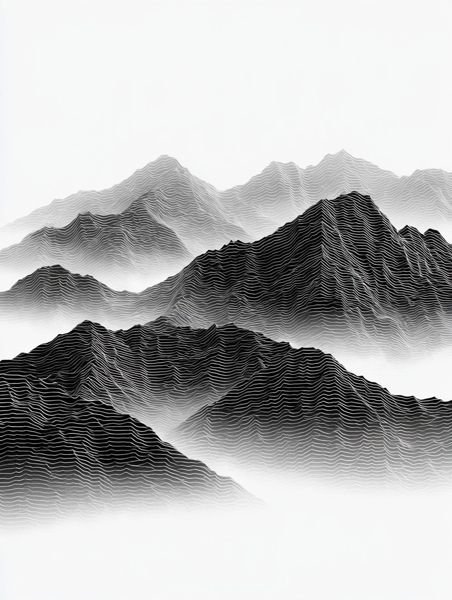 Illustration du poster Montagnes en Courbes noir et blanc, lignes topographiques et crêtes brumeuses
