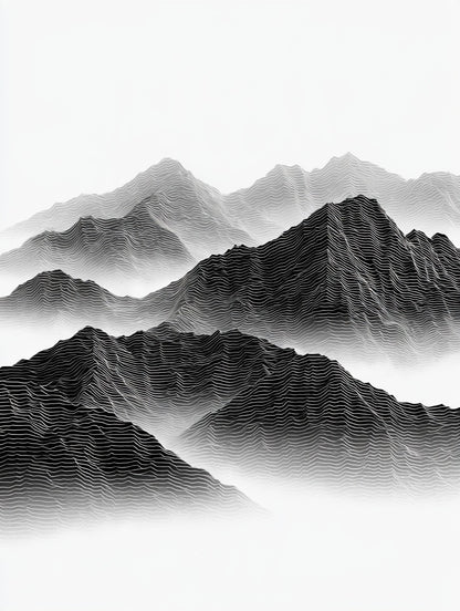 Illustration du poster Montagnes en Courbes noir et blanc, lignes topographiques et crêtes brumeuses
