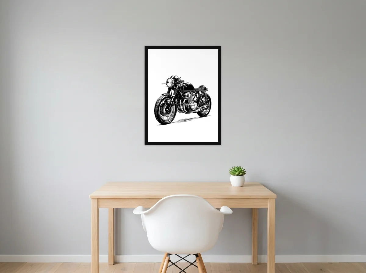 Poster moto café racer classique noir et blanc encadré noir présenté dans un bureau gris clair
