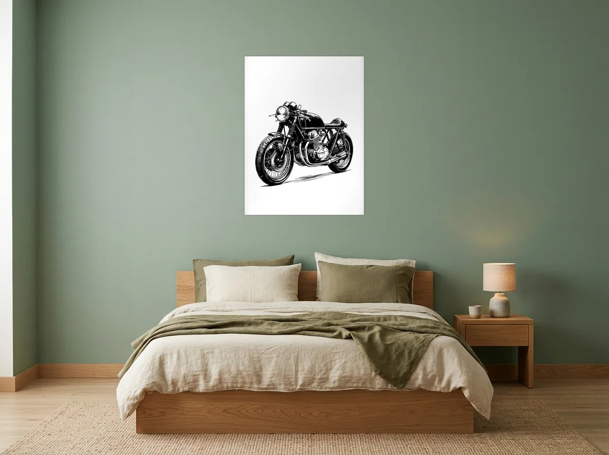 Poster moto café racer classique noir et blanc présenté dans une chambre aux murs vert sauge