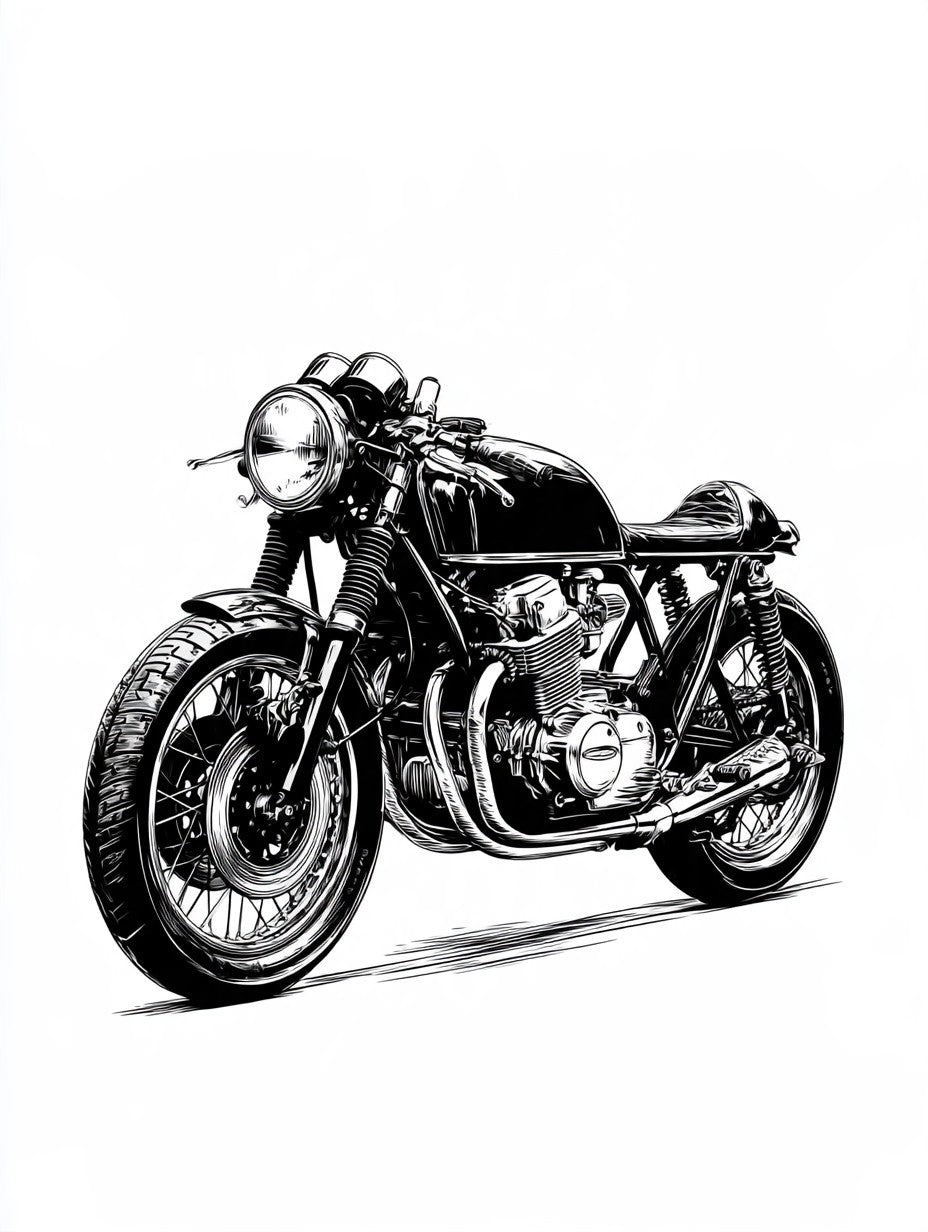 Illustration de moto café racer classique noir et blanc, vue fidèle de l’œuvre