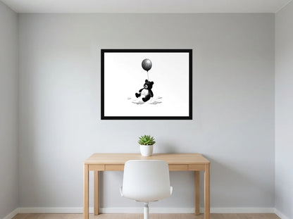 Poster ourson au ballon noir et blanc encadré noir, présenté dans : bureau gris clair lumineux
