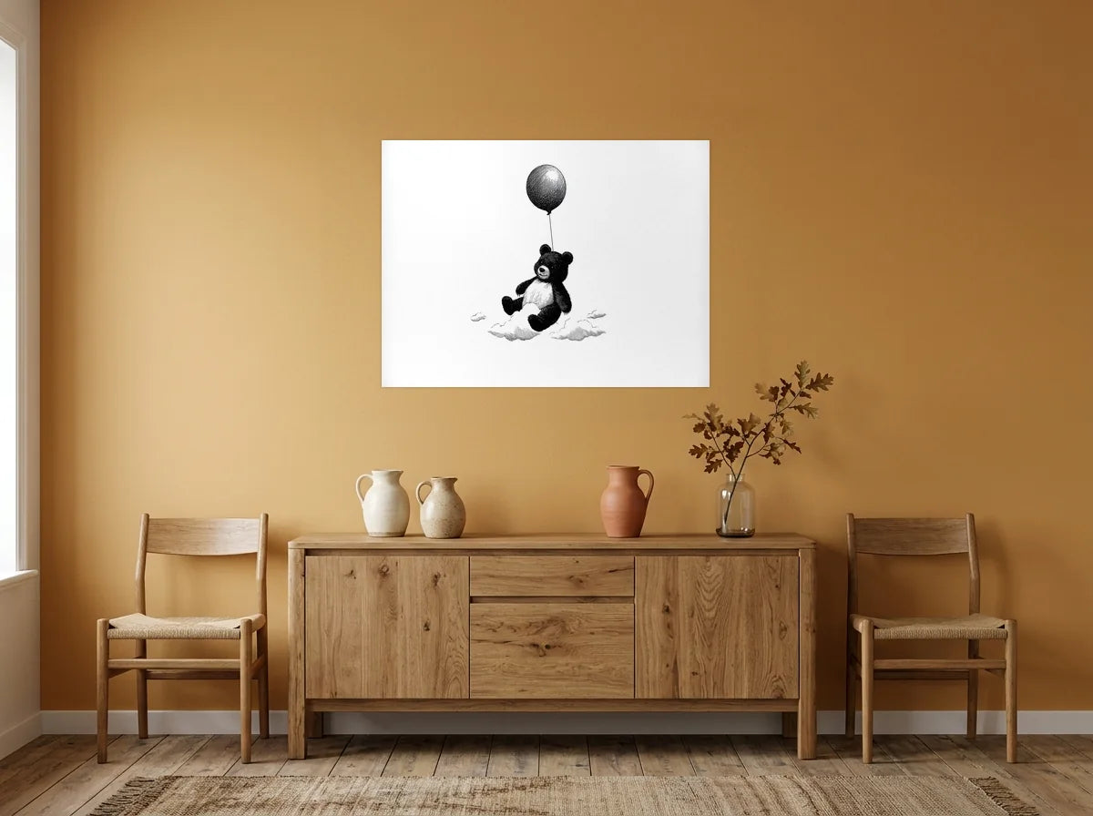 Poster ourson au ballon noir et blanc sans cadre, présenté dans : salle à manger aux murs ocre
