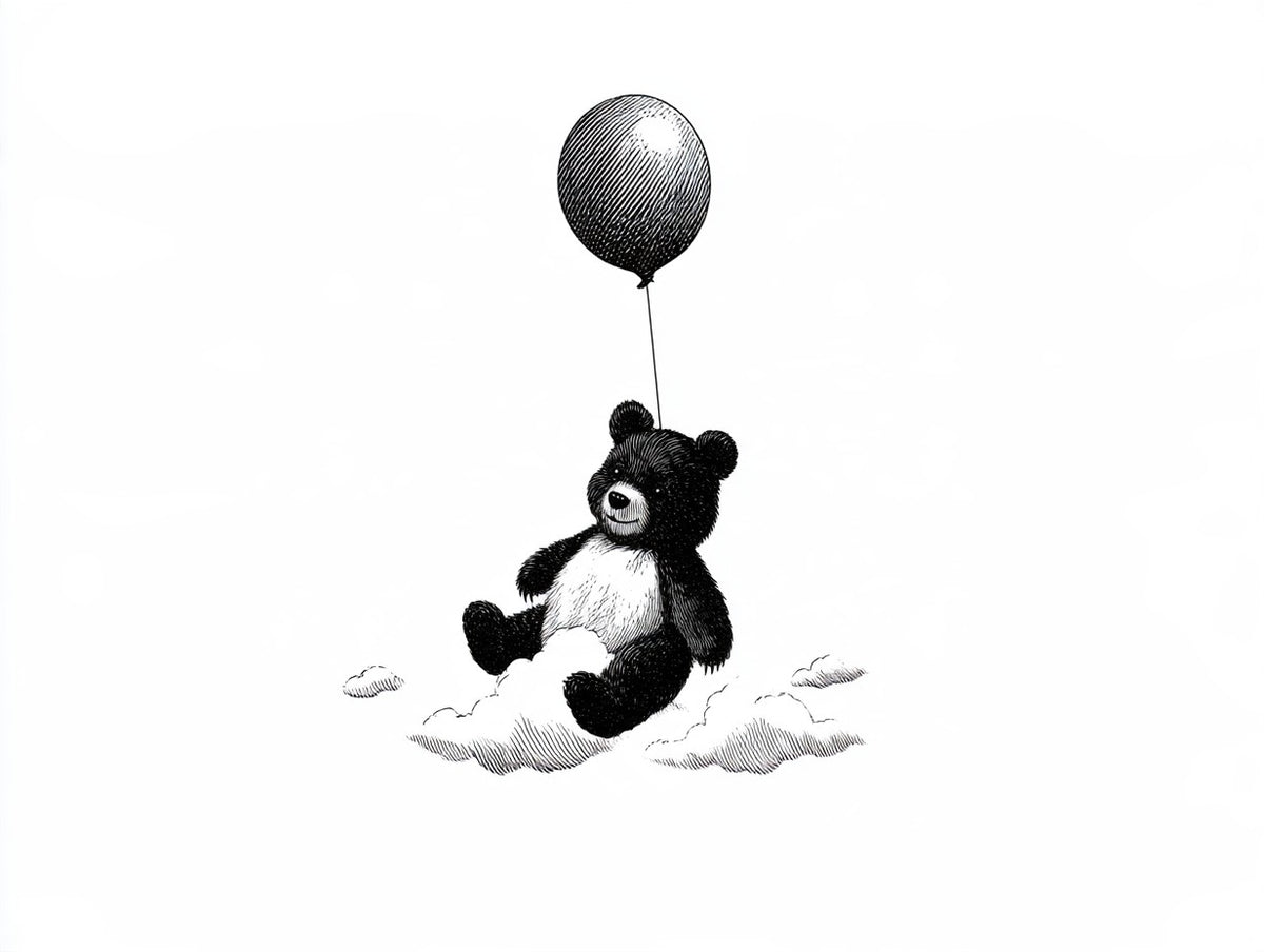 Illustration du poster ourson au ballon noir et blanc, vue complète et fidèle de l’œuvre