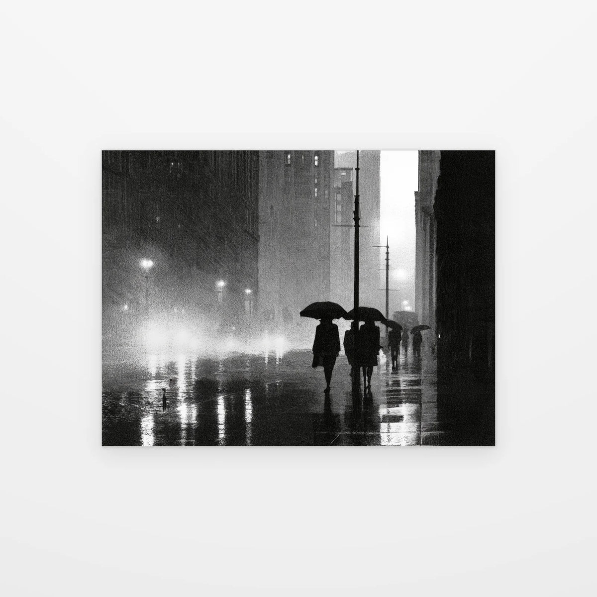 Visuel du poster Parapluies dans la Brume noir et blanc présenté seul sur fond blanc, aperçu de l’œuvre imprimée