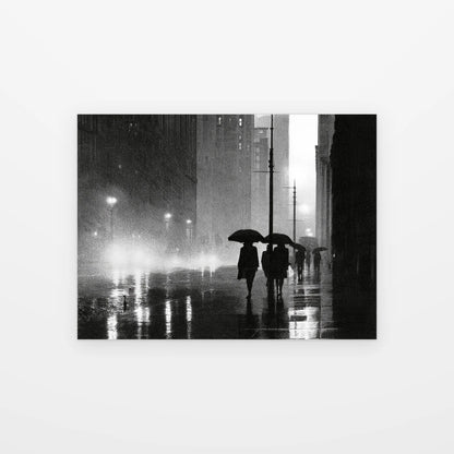 Visuel du poster Parapluies dans la Brume noir et blanc présenté seul sur fond blanc, aperçu de l’œuvre imprimée
