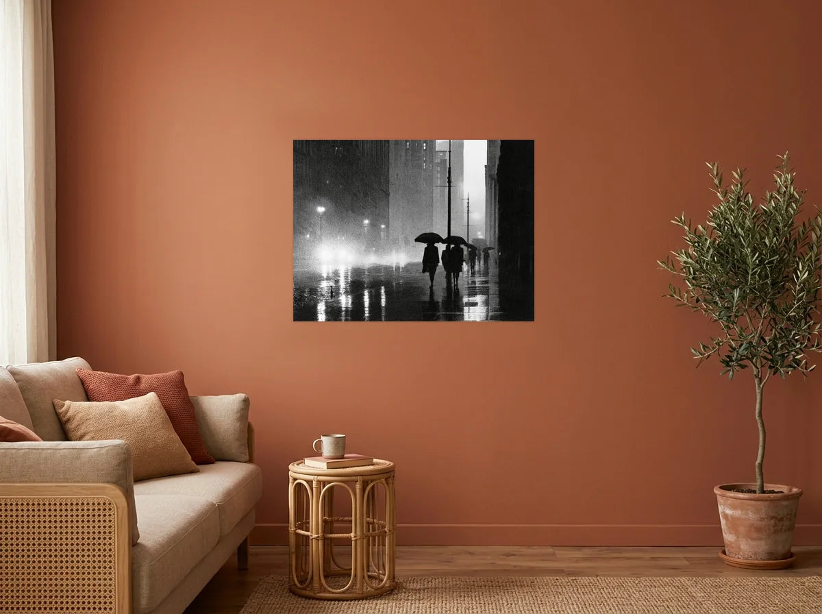 Poster parapluies dans la brume noir et blanc sans cadre, présenté dans un salon aux murs terracotta
