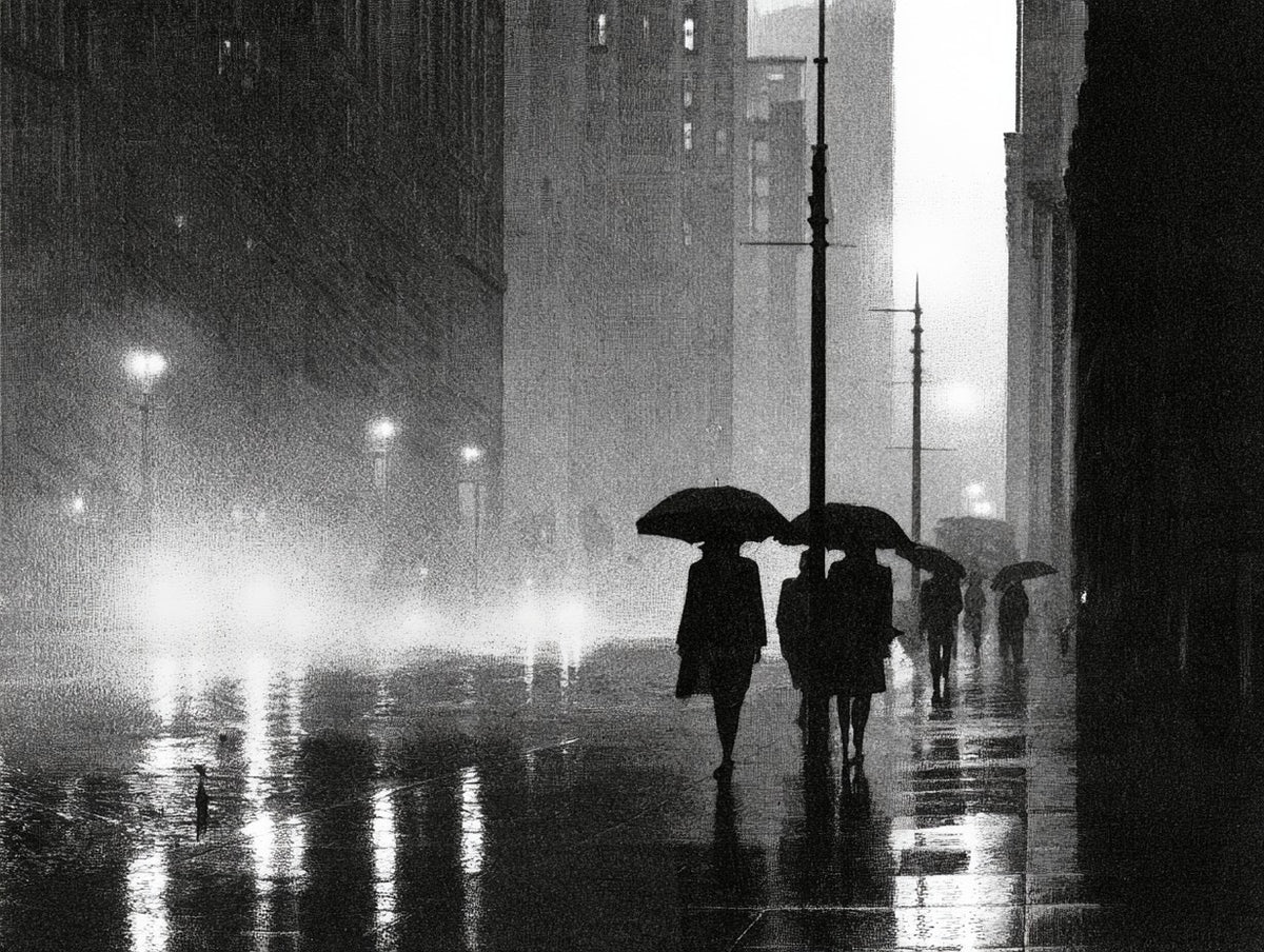 Œuvre complète du poster Parapluies dans la Brume noir et blanc, vue fidèle du visuel original