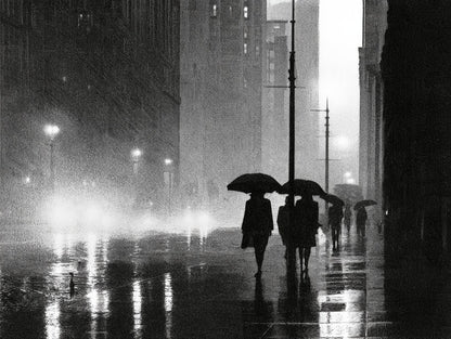 Œuvre complète du poster Parapluies dans la Brume noir et blanc, vue fidèle du visuel original