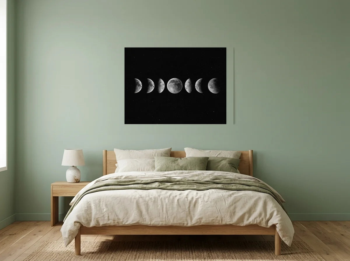 Poster affiche phases de lune noir et blanc sans cadre, présenté dans un intérieur contemporain