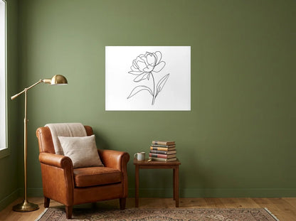 Poster Pivoine au Trait noir et blanc sans cadre, présenté dans un coin lecture aux murs vert olive