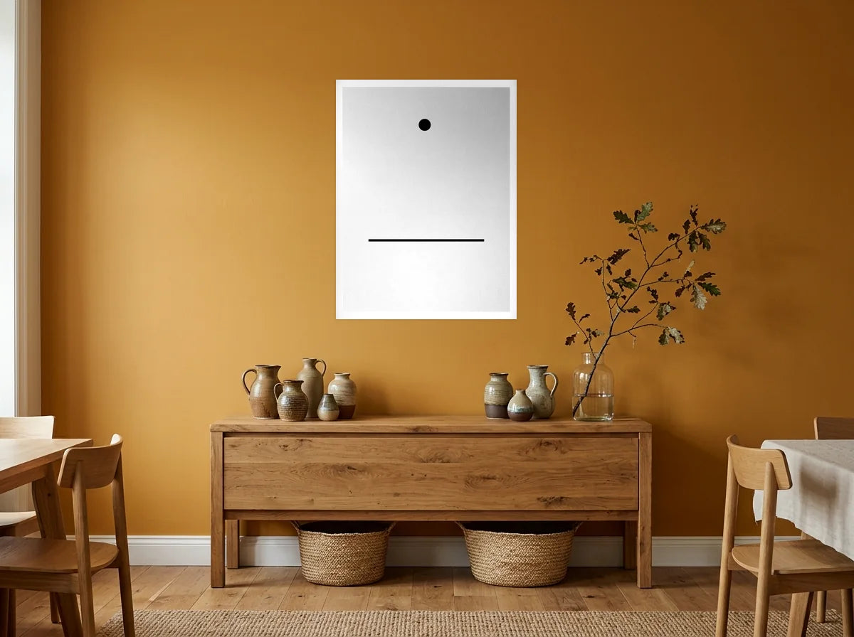 Poster point et ligne minimalistes noir et blanc sans cadre, présenté dans un intérieur coloré