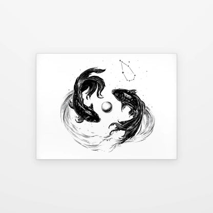 Visuel du poster poissons et perle céleste noir et blanc présenté seul sur fond blanc, aperçu de l’œuvre imprimée