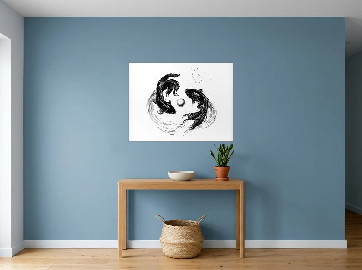 Poster poissons et perle céleste noir et blanc sans cadre, présenté dans : entrée aux murs bleu poudré