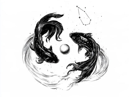 Œuvre complète du poster poissons et perle céleste noir et blanc, vue fidèle du dessin original