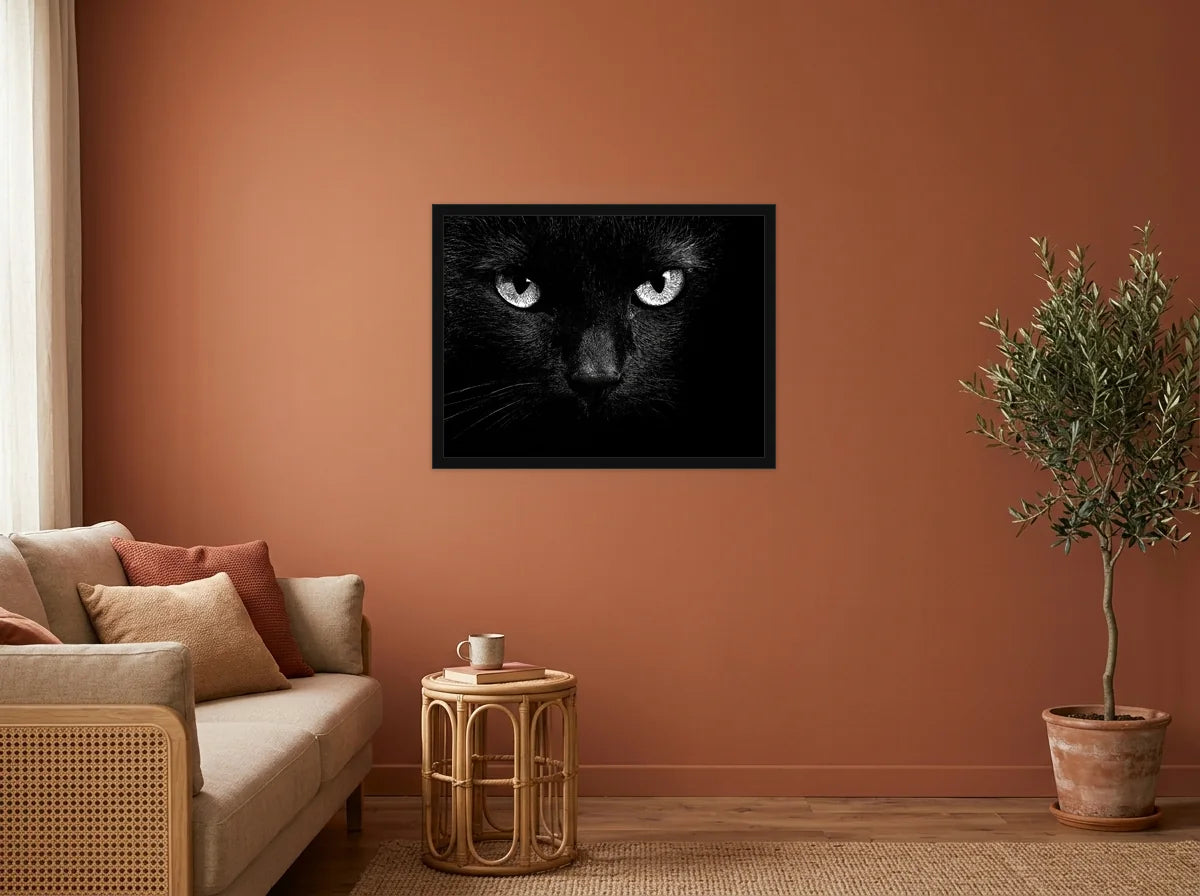 Poster portrait de chat noir encadré noir, présenté dans un salon aux murs terracotta