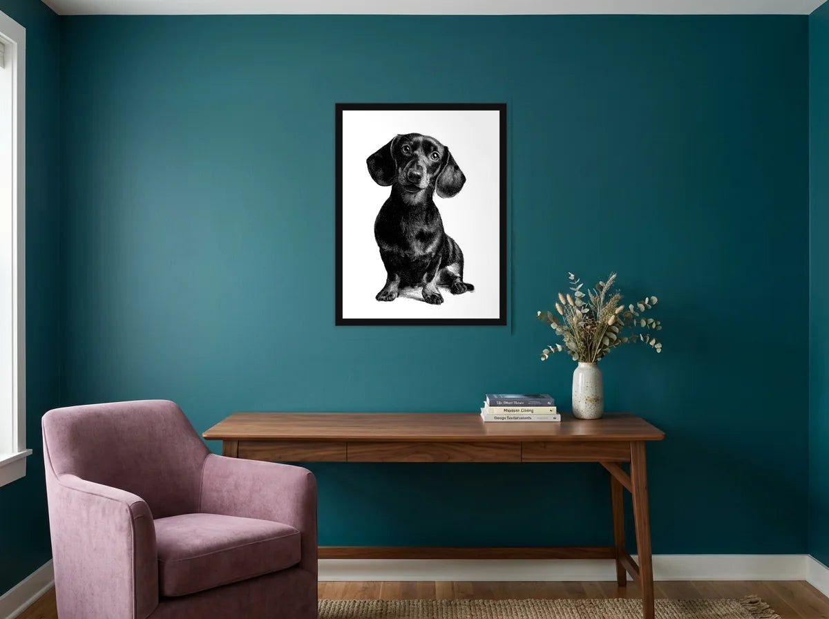 Poster encadré noir portrait de teckel noir et blanc, présenté dans un intérieur contemporain