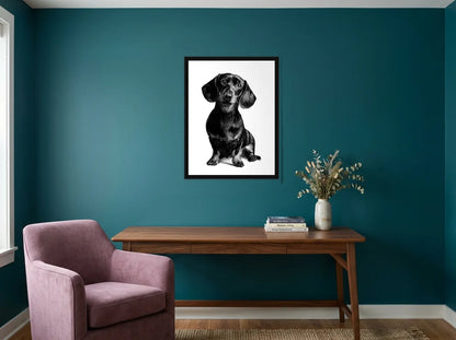 Poster encadré noir portrait de teckel noir et blanc, présenté dans un intérieur contemporain