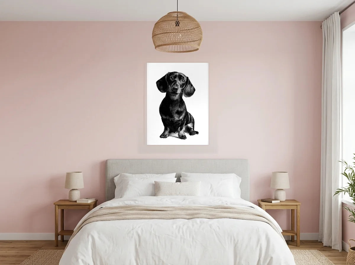 Poster affiche portrait de teckel noir et blanc sans cadre, présenté dans un intérieur contemporain