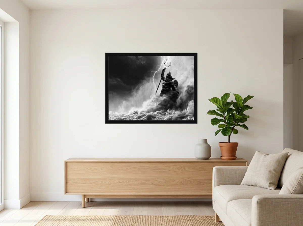 Poster Poséidon dans la Tempête noir et blanc encadré noir, dans un salon blanc chaleureux et bois clair
