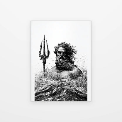 Visuel du poster poséidon trident des vagues noir et blanc présenté seul sur fond blanc, aperçu de l’œuvre imprimée