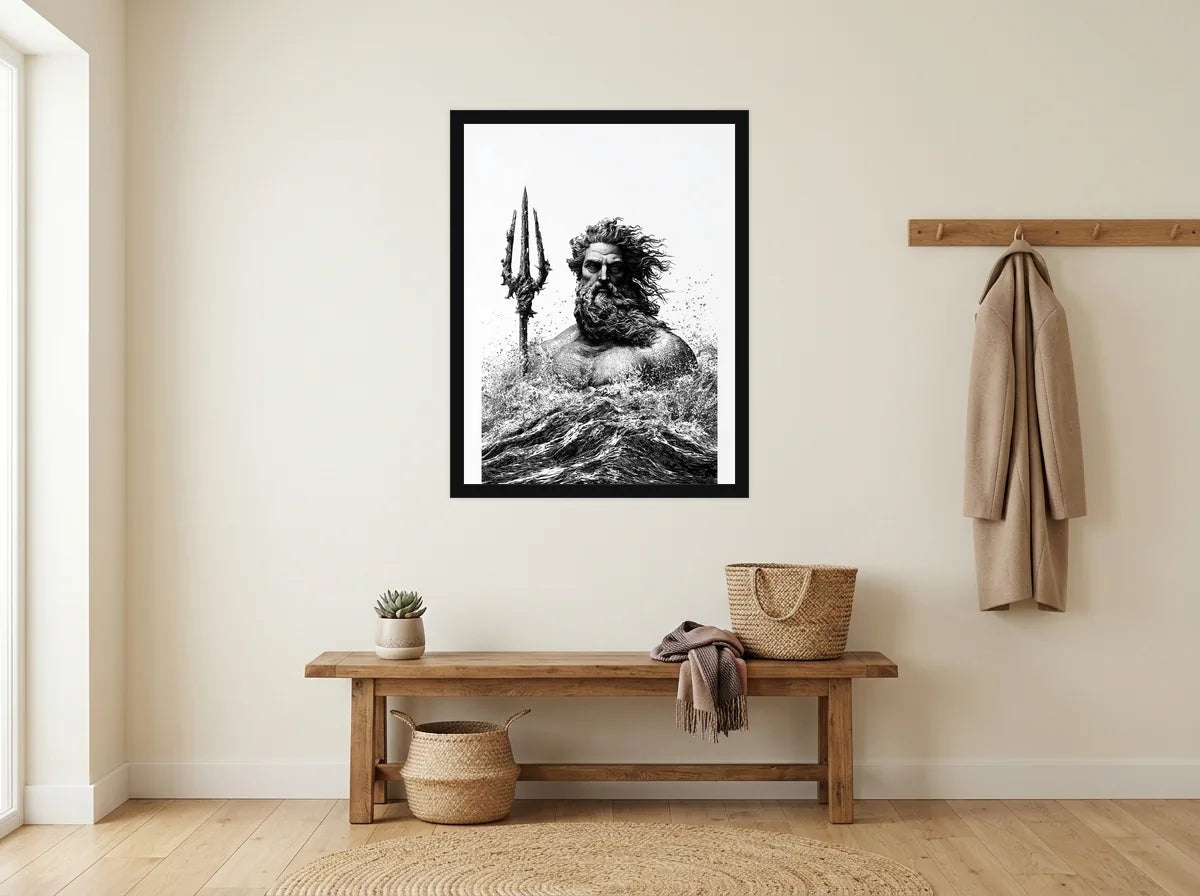 Poster poséidon trident des vagues noir et blanc encadré noir, présenté dans : entrée crème avec banc en bois