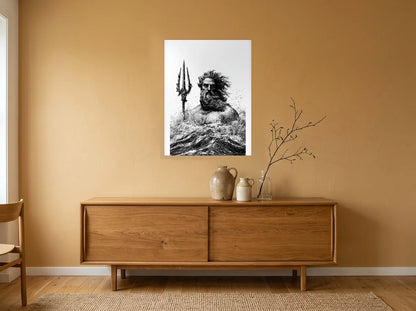Poster poséidon trident des vagues noir et blanc sans cadre, présenté dans : salle à manger aux murs ocre