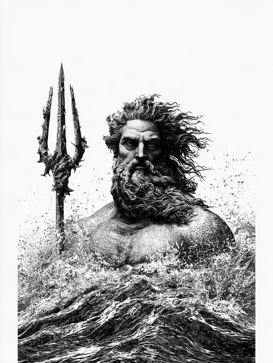 Œuvre complète du poster poséidon trident des vagues noir et blanc, vue fidèle de l’illustration