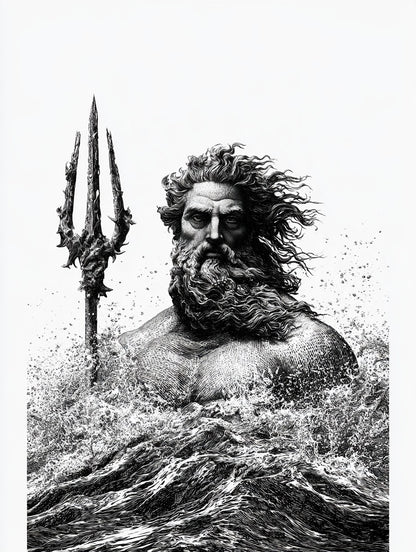 Œuvre complète du poster poséidon trident des vagues noir et blanc, vue fidèle de l’illustration