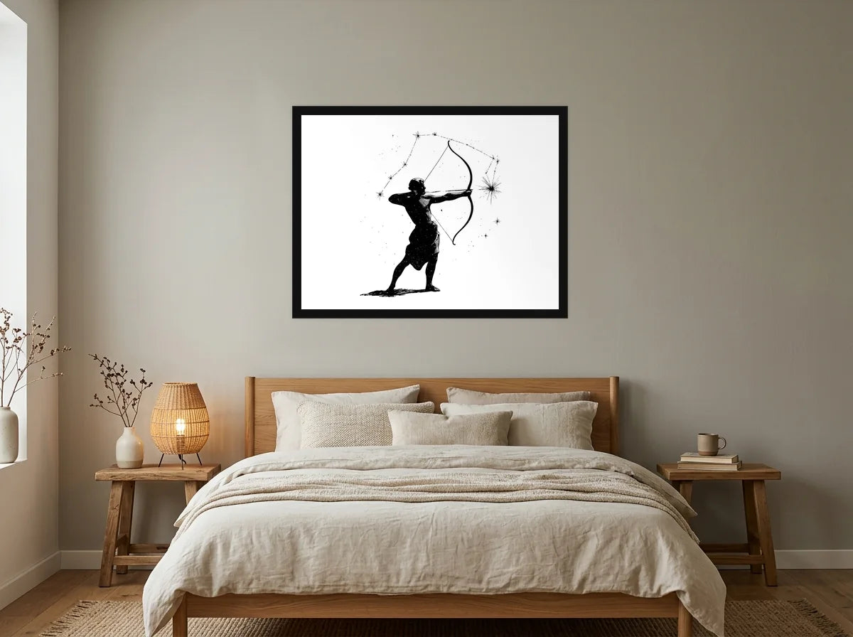 Poster sagittaire archer étoilé noir et blanc encadré noir, présenté dans : chambre aux tons lin et grège